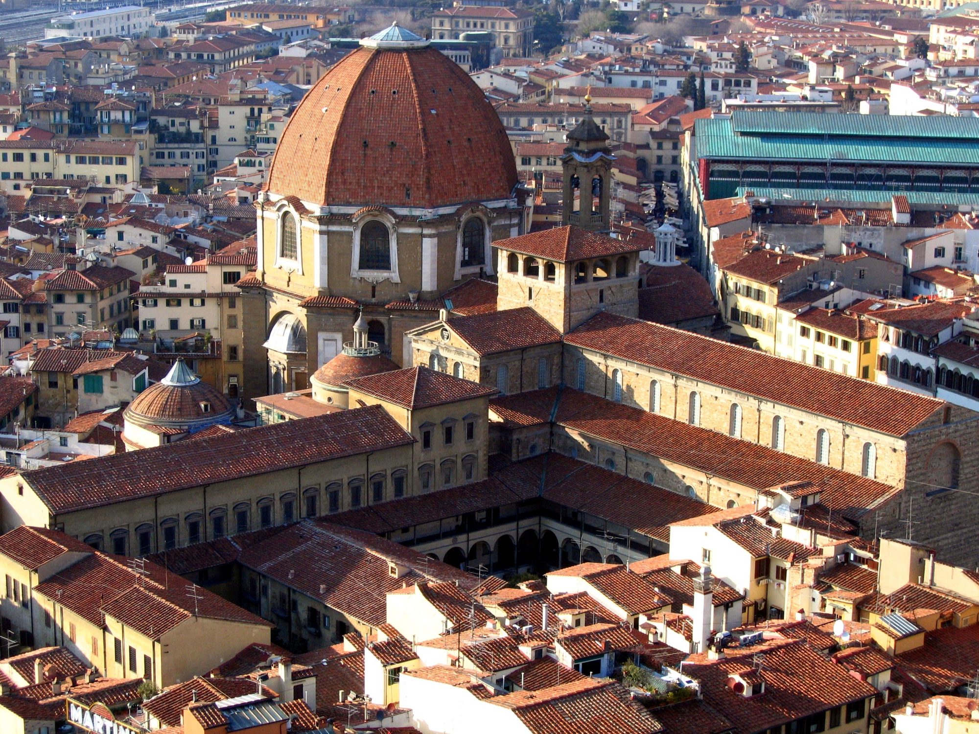 The dome of the Medici Chapels rising above the San Lorenzo complex, Florence